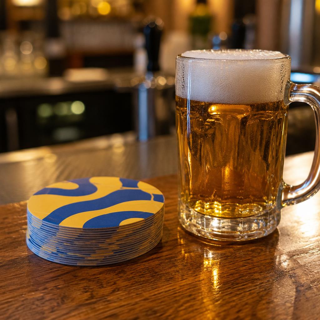 Pilha de bolachas de chopp em papelão absorvente com impressão azul